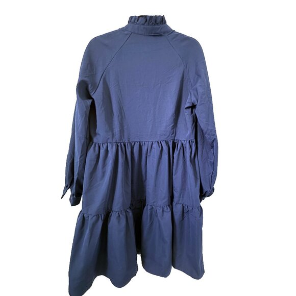 Women's Preppy Navy Blue Ruffle Smock Dress with Long Sleeves Collar - Large - Picture 3 of 5
